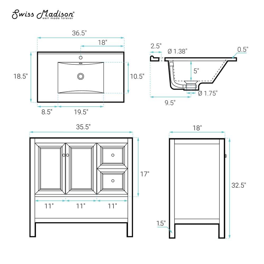 Chateau 36" Natural Oak Freestanding Bathroom Vanity with White Sink
