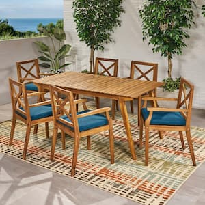 Mesa 35.5 in. Teak Brown 7-Piece Wood Rectangular Outdoor Patio Dining Set with Blue Cushions