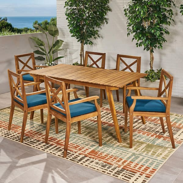 Noble House Mesa 35.5 in. Teak Brown 7-Piece Wood Rectangular Outdoor Patio Dining Set with Blue Cushions