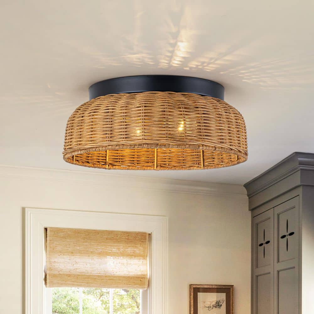 Nora 11.8 in. 2-Light Drum Nature Rattan Matte Black Flush Mount for Dinning Room Foyer Kitchen price history on PriceWatchPro