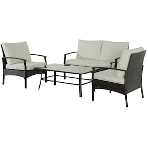 Brown 4-Piece Patio Sectional Wicker Rattan Outdoor Chair with Coffee Table with White Cushions Set for Patio, Yard