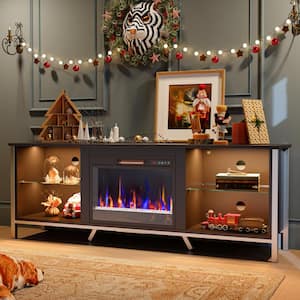 70 in. Freestanding Fireplace TV Stand with Shelves Fits TVs up to 75 in. LED Entertainment Center in Black Carbon Fiber