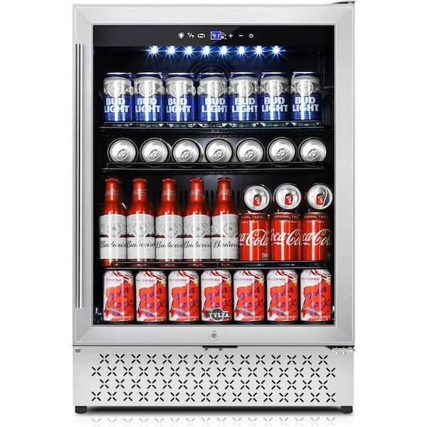 24 in. Single Zone 200 Cans Beverage Cooler with Glass Door in Stainless Steel for Kitchen Bar or Office Reversible Door