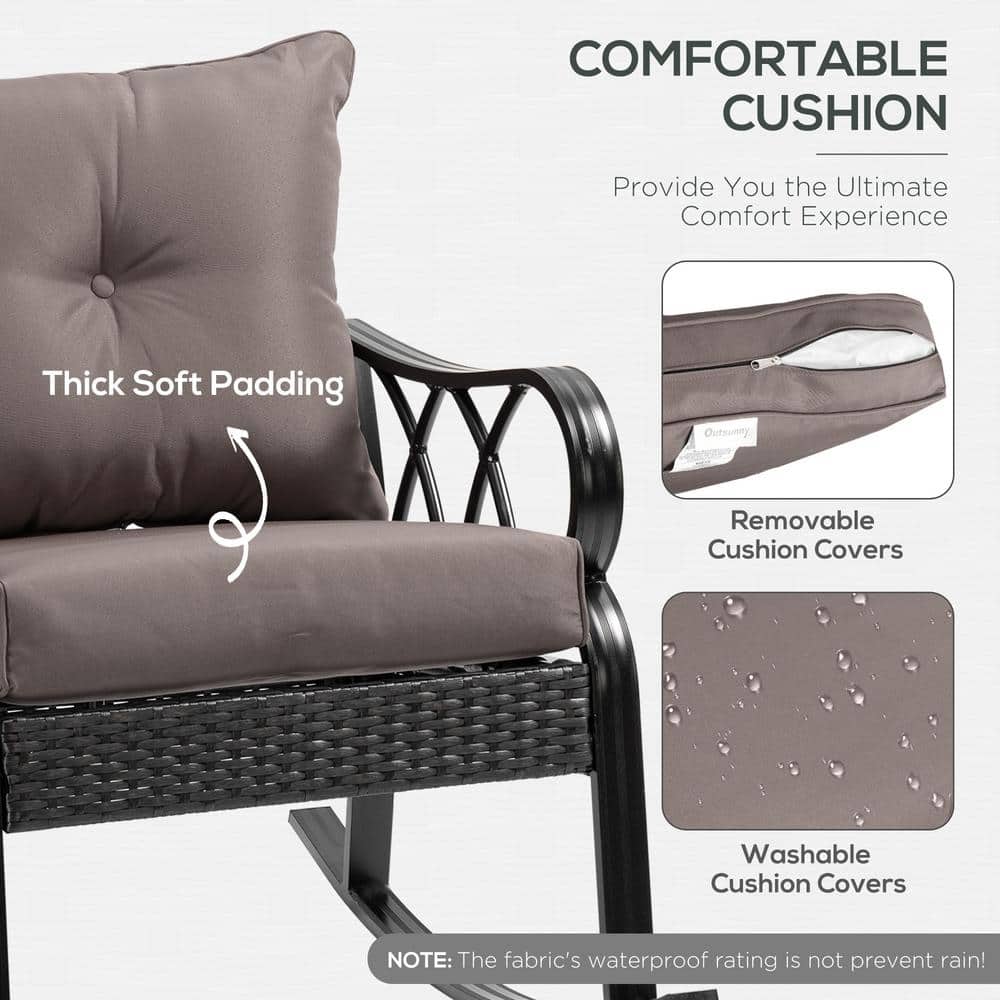 Ergonomic Grey Wicker Rocking Chair with Padded Cushions