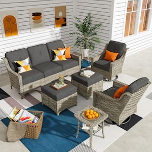 Leila 6-Piece Wicker Patio Conversation Seating Sofa Set with Black Cushions and Swivel Rocking Chairs