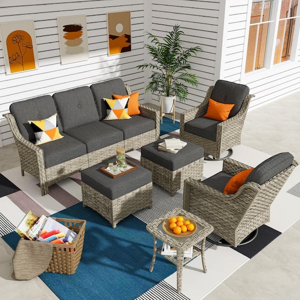 Leila 6-Piece Wicker Patio Conversation Seating Sofa Set with Black Cushions and Swivel Rocking Chairs