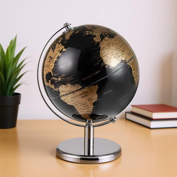 Gymax Metallic Black 10.5 in. World Globe 8-Inch Rotating Earth