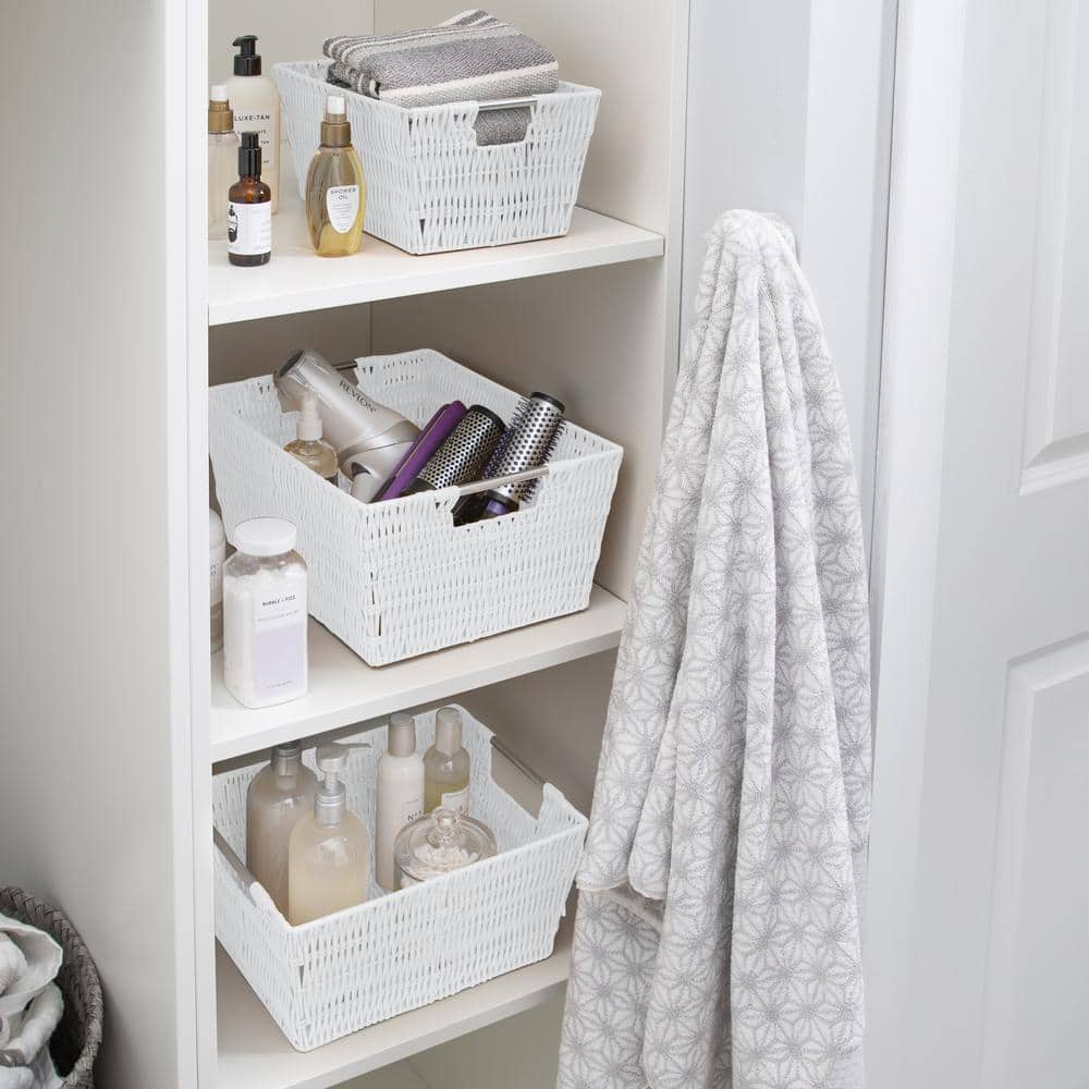 White Rectangular Rattan Storage Baskets with Iron Handles, Set of 3