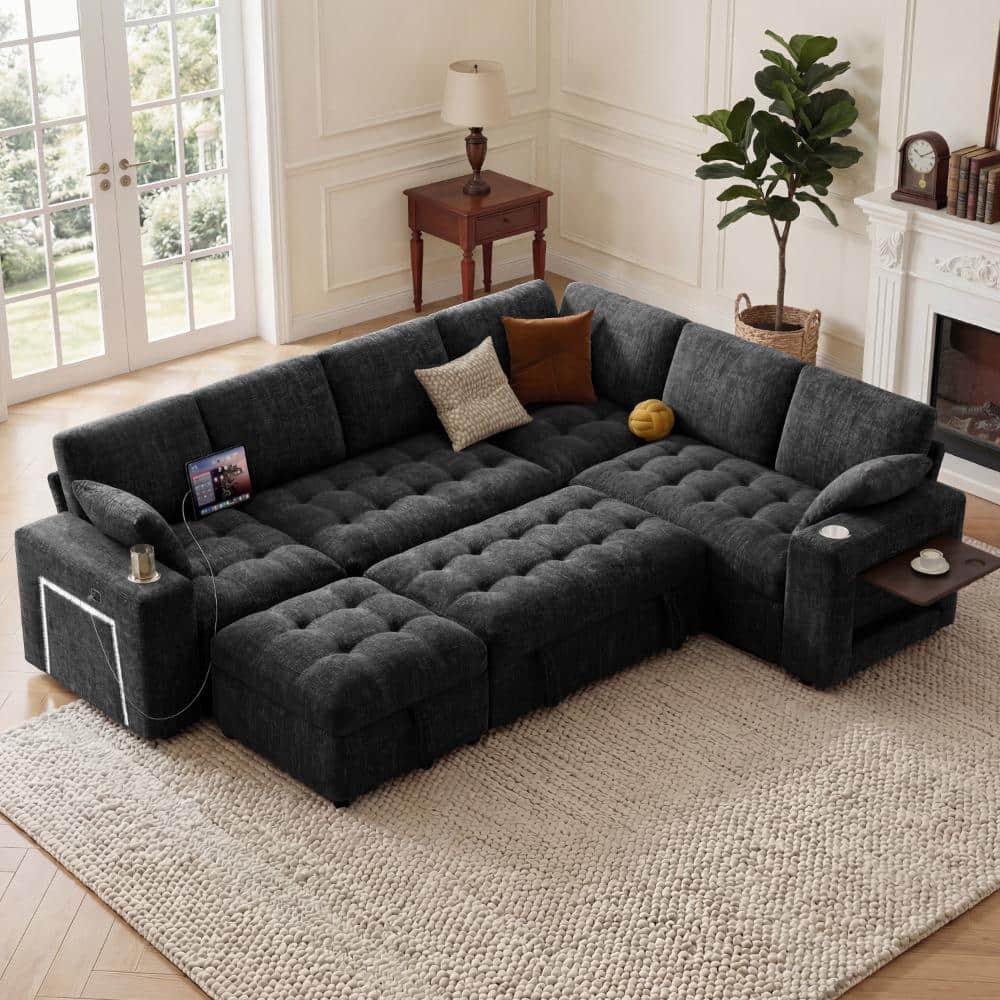 111" U Shaped Modular Sectional Sleeper Sofa with Pull Out Bed,7 Seat Black Chenille Couch with 2 Pull-Out Beds