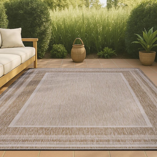 JONATHAN Y Beckett Classic Casual Border Stripe Beige/Cream 4 ft. x 6 ft. Indoor/Outdoor Area Rug