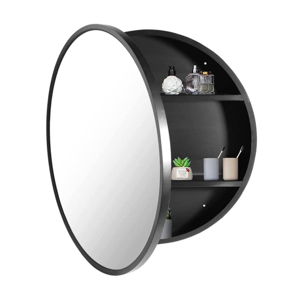 24 in. W x 24 in. H Black Metal Framed Round Wall Recessed/Surface Mount Ba