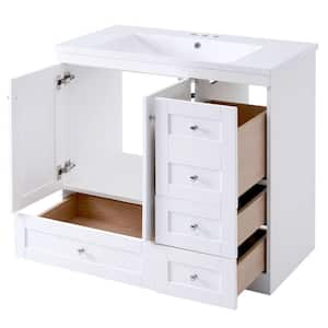 36"W White Shaker Style Free-Standing Resin Top Bathroom Vanity Cabinet with 4 Drawers