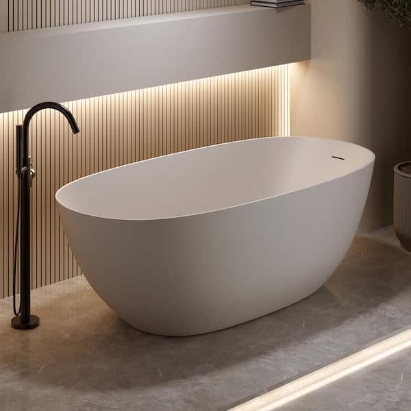 69 in. x 31.9 in. Resin Stone Soaking Bathtub in Beige Solid Surface Modern Tub with Overflow and Pop-up Drain