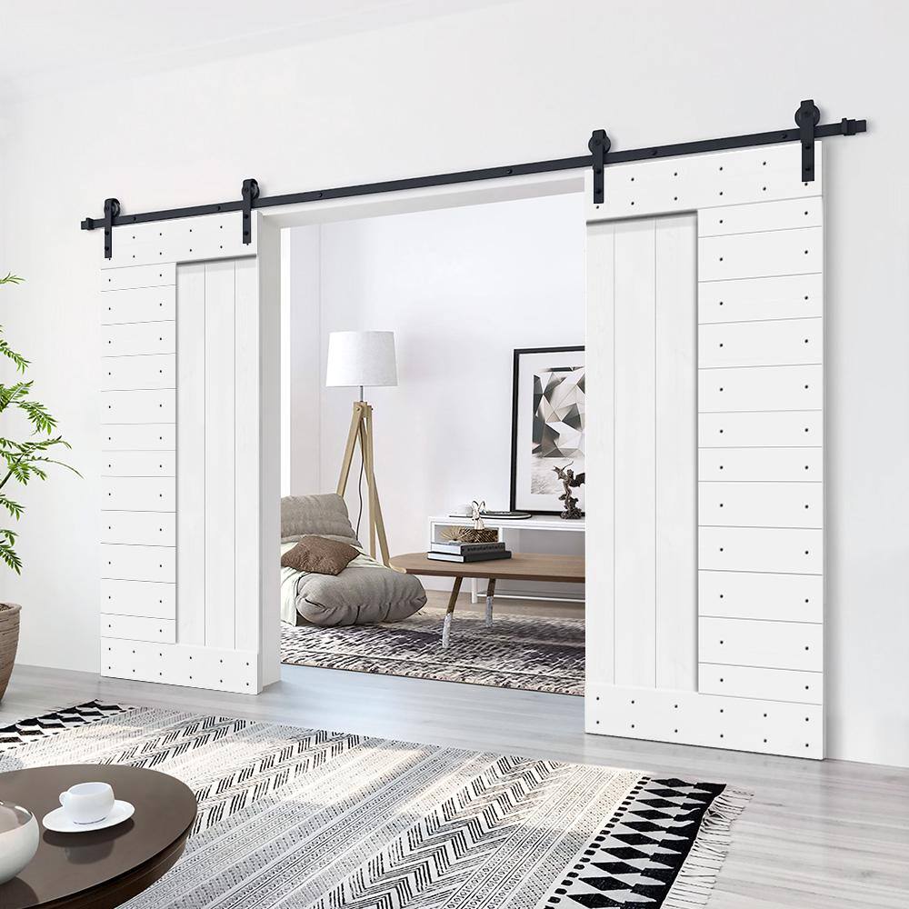 Pure White Solid Knotty Pine Wood Double Sliding Barn Door Kit