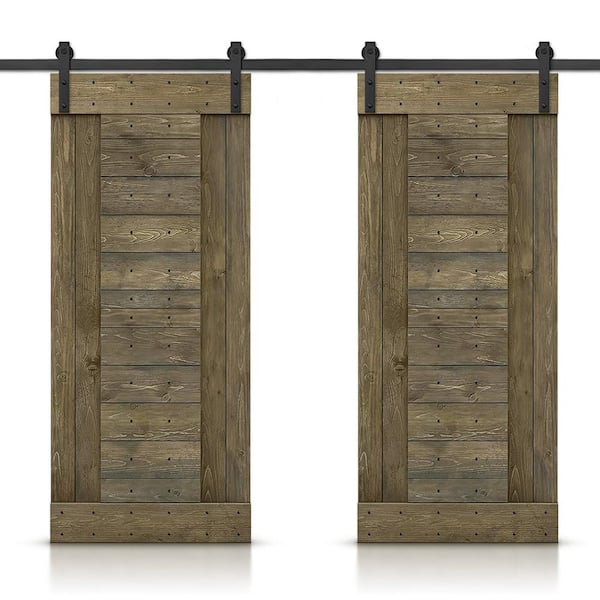 CALHOME 72 in. x 84 in. Aged Barrel Stained DIY Knotty Pine Wood Interior Double Sliding Barn Door with Hardware Kit