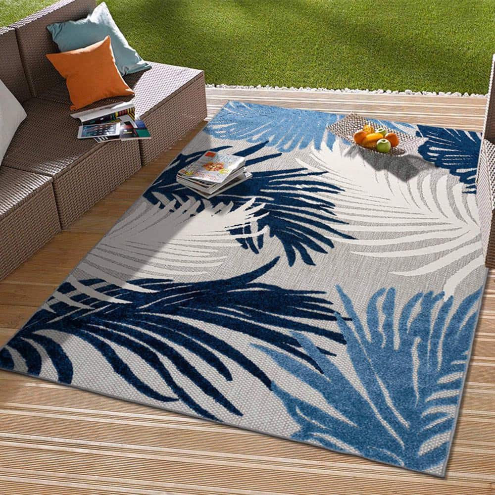 Navy Floral Synthetic Flat Woven Reversible Area Rug