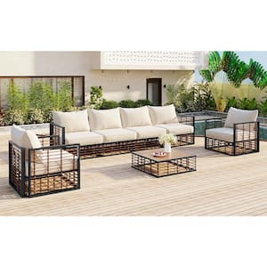 Gray Metal 7-Piece Patio Outdoor Sectional Sofa Set with Beige Cushions and 2-Extendable Side Tables