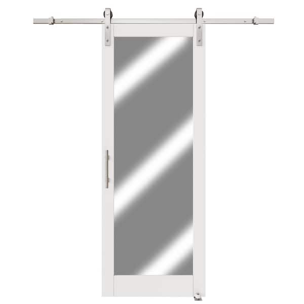 32 in. x 80 in. 1 Lite Mirrored Glass White Primed MDF Sliding Barn Door with Hardware Kit and Soft Close, Nickel Track