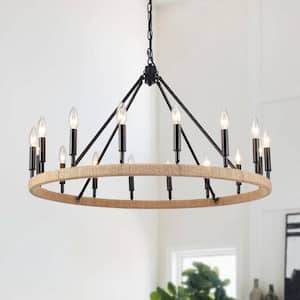 16-Light Black Hemp Rope Candlestick Wagon Wheel Chandelier Linear Chandelier Lighting for Kitchen Island