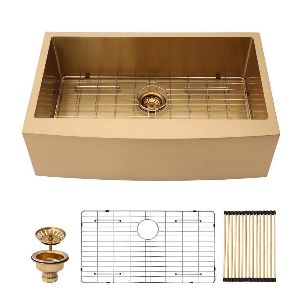 30 in. Farmhouse Apron Single Bowl Gold Stainless Steel Kitchen Sink with Dish Grid, Drain and Drying Rack price history on PriceWatchPro