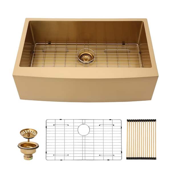 30 in. Farmhouse Apron Single Bowl Gold Stainless Steel Kitchen Sink with Dish Grid, Drain and Drying Rack