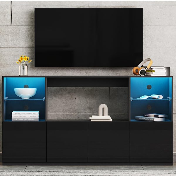 Harper & Bright Designs Black High Gloss Modern TV Stand Fits TV's up to 75 in. with Tempered Glass, LED Lights, 4-Storage Cabinet