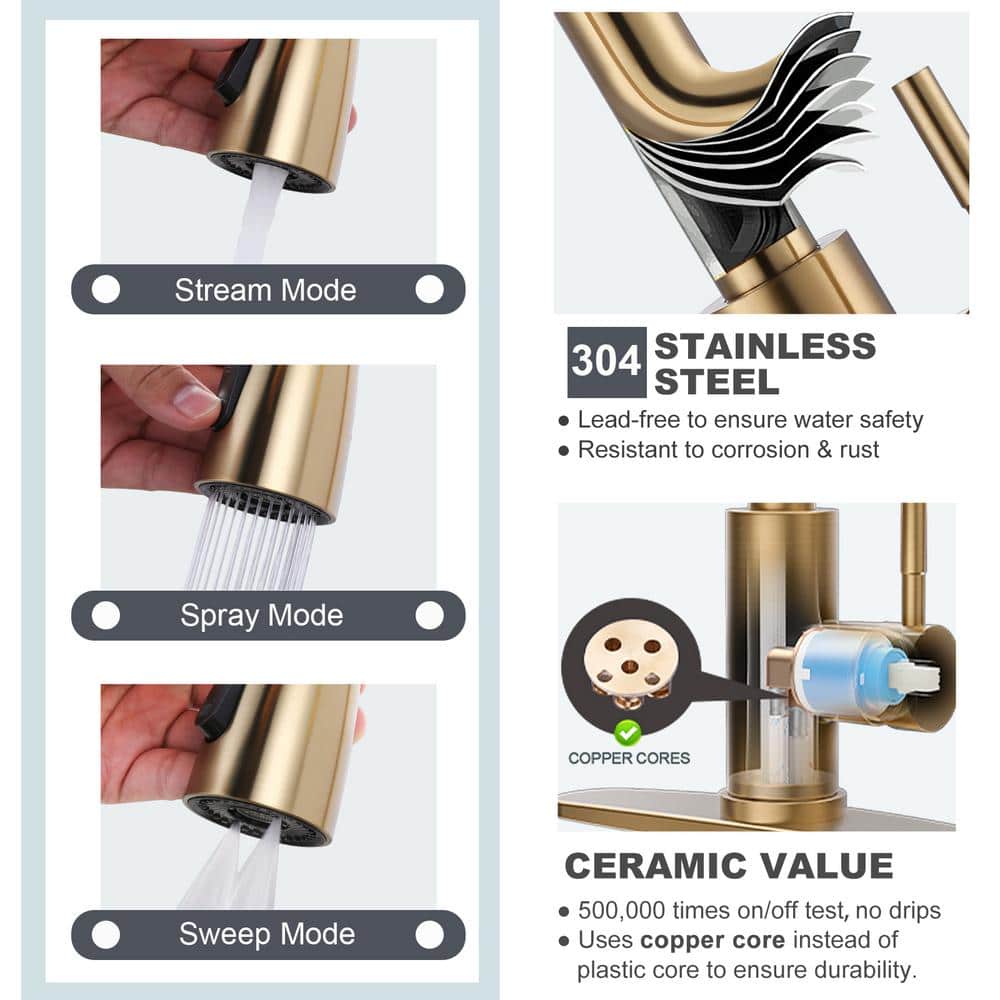 Brushed Gold Stainless Steel Pull Down Kitchen Faucet