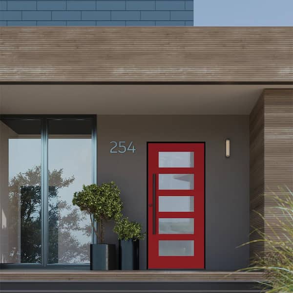36 in. x 80 in. Flush Left Hand Inswing 5-Lite Clear Cranberry Fiberglass Prehung Front Door with Brickmould
