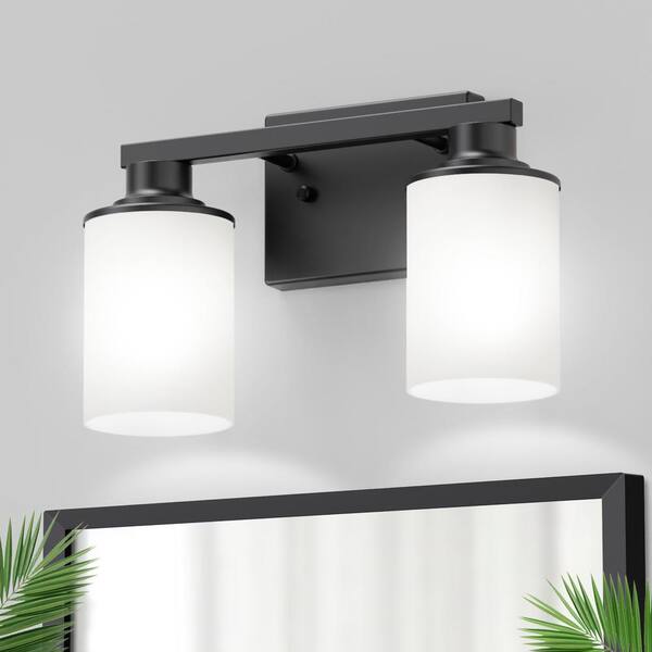YANSUN 14 in. 2-Light Black Bathroom Vanity Light with Milky Glass Shades, Wall Mount for Modern and Transitional Spaces