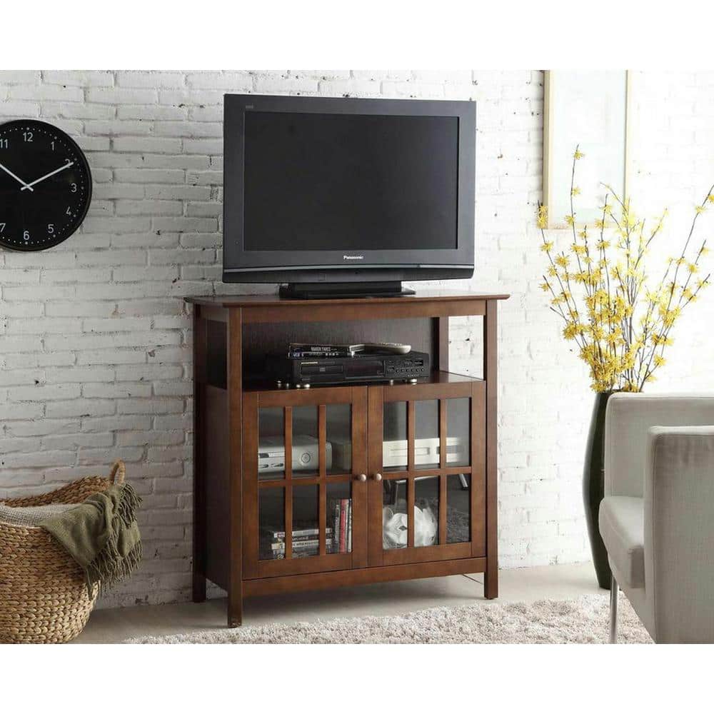Espresso Solid Pine and Birch Veneer Highboy TV Stand with Cabinets