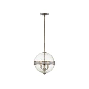 Stirling 12 in. W x 13 in. H 3-Light Polished Pewter Shaded Pendant Light with Seeded Glass Shade