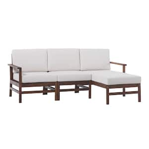 Dark Brown 3-Piece Acacia Wood Outdoor Modern Patio Chaise Sectional Seating Set with Ivory Cushions