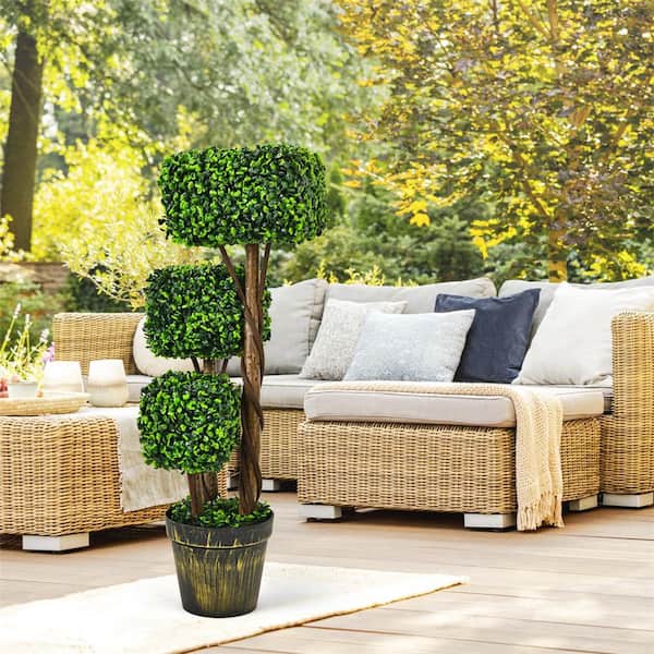 Artificial Triple Square Shaped Topiary Tree with Built-In Cement Base, Golden Pot, and Wooden Rattan