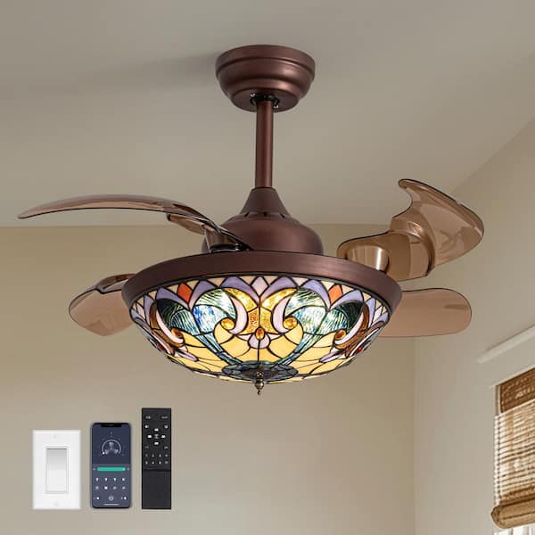 ANTOINE 36 in. Indoor Smart Integrated LED Brown Retractable Ceiling Fan with Light and Remote Included Tiffany Glass Shade