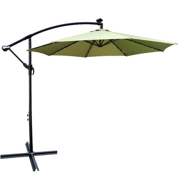BANSA ROSE CoolSum 10 ft. Steel Solar LED Lighted Round Cantilever Umbrella in Lime Green with Crank and Cross Base, UV-Resistant