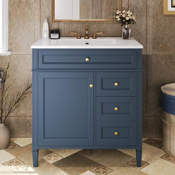 Unbranded 30 in. W x 18 in. D x 33 in. H Single Sink Freestanding Bath Vanity in Blue with White Ceramic Top