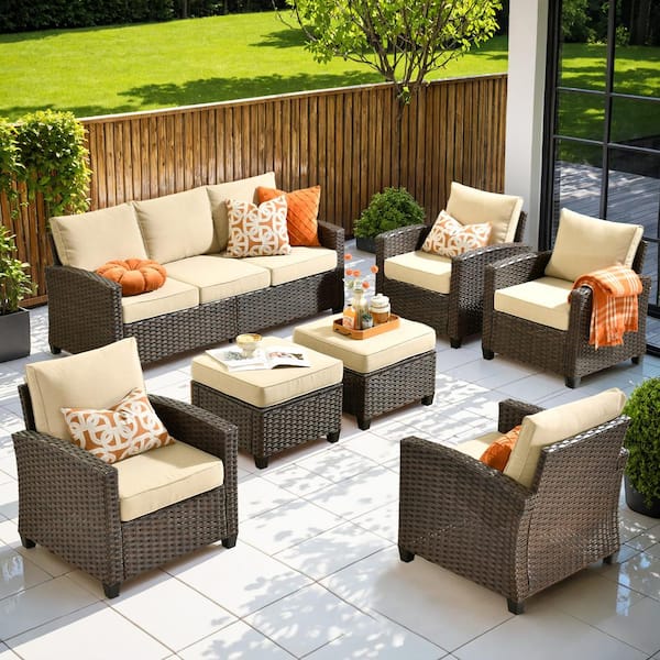 OVIOS Piranu Brown 7-Piece Wicker Outdoor Patio Conversation Seating Set with Beige Cushions