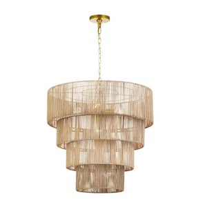 5-Light Distressed Gold Oversize Pendant Light with Rattan Shade (4-Tiered)