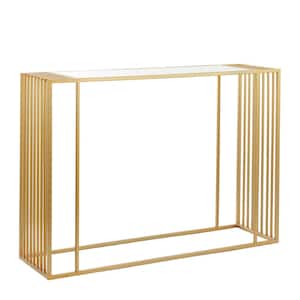 44 in. Gold Extra Large Rectangle Metal Geometric Console Table with Mirrored Glass Top