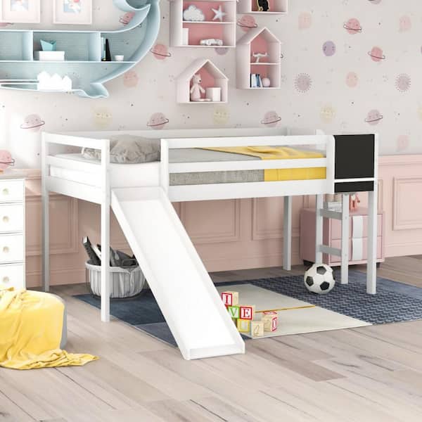 HomeRoots Charlie White Twin Loft Bed with Slide 44 in. H x 89 in. W x 78 in. D