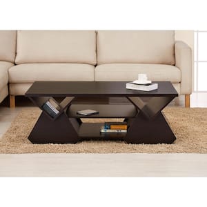 Arden 48 in. Espresso Large Rectangle Wood Coffee Table with Shelf
