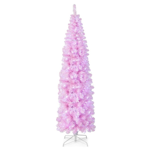 ANGELES HOME 7 ft. Pink Pre-lit Artificial Christmas Tree with Branch Tips LED Lights Metal Stand
