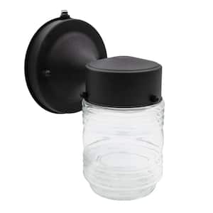 1-Light Black LED Outdoor Jelly Jar Wall Lantern Sconce with Clear Glass