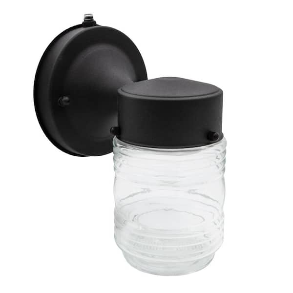 Maxxima 1-Light Black LED Outdoor Jelly Jar Wall Lantern Sconce with Clear Glass