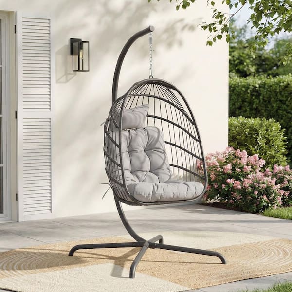 Foldable 350 lbs. 1-Person Gray Wicker Patio Swing Egg Chair with Stand and Light Gray Cushion, Outdoor Hanging Chair