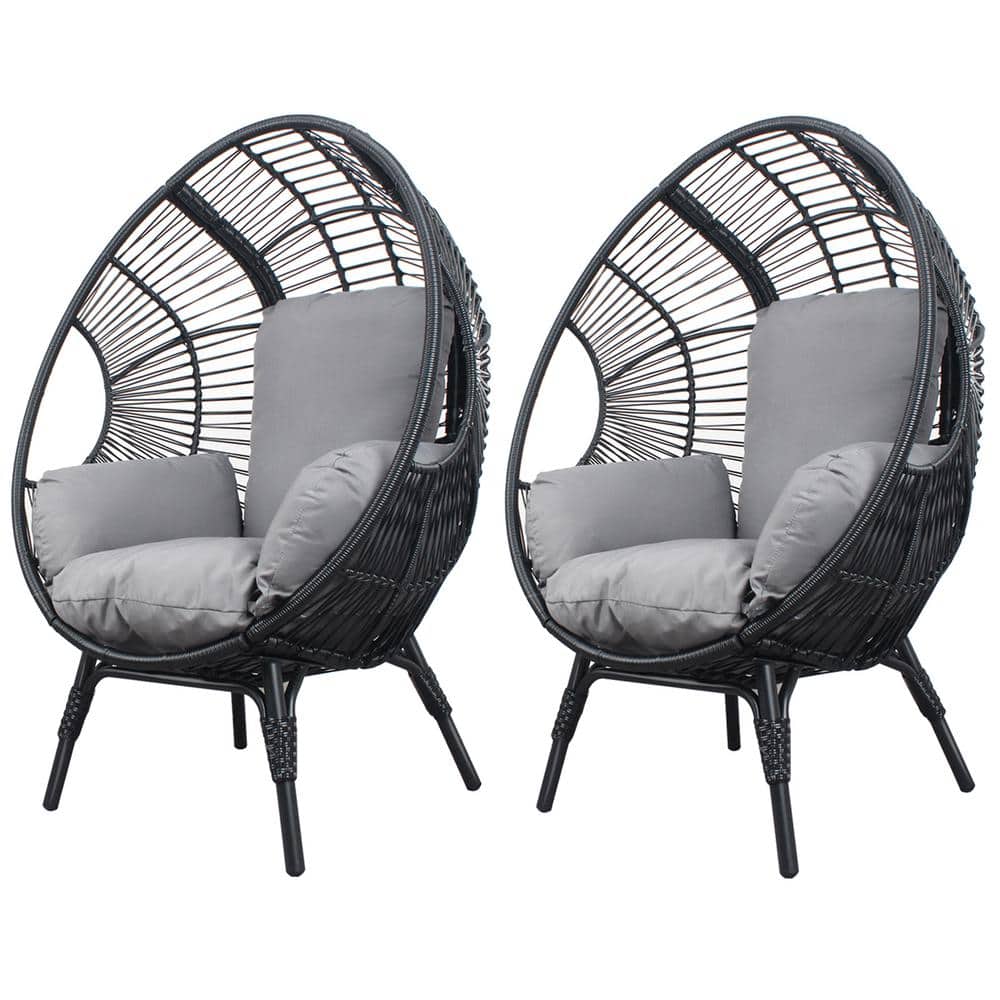 Black 2-Piece Wicker Outdoor Lounge Chair, Patio PE Rattan Egg Chair with G