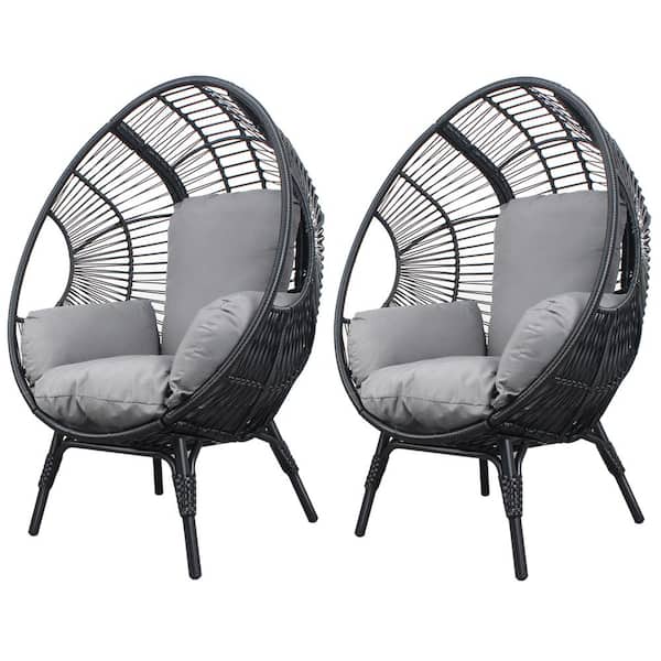 Unbranded Black 2-Piece Wicker Outdoor Lounge Chair, Patio PE Rattan Egg Chair with Grey Cushions for Garden, Lawn, Backyard