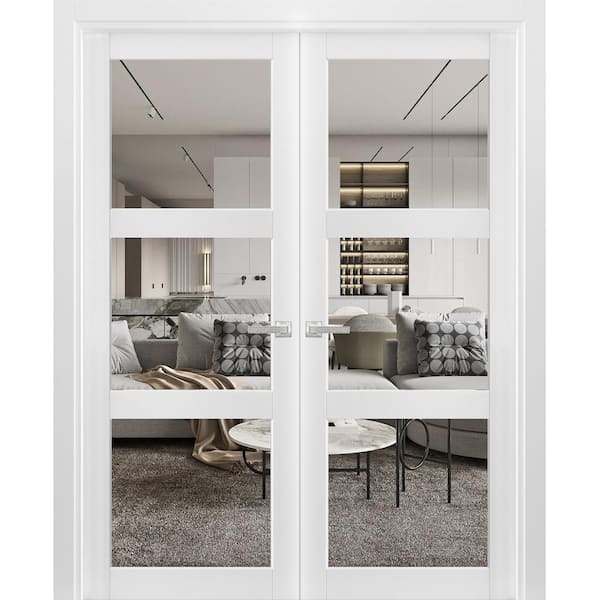 Sartodoors 2555 48 in. x 80 in. Universal Handling 3 Lite Clear Glass Solid White Finished Pine Wood Interior Door Slab