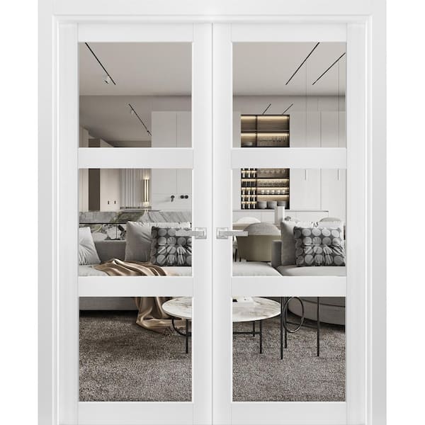 2555 60 in. x 84 in. Universal Handling 3 Lite Clear Glass Solid White Finished Pine Wood Interior Door Slab