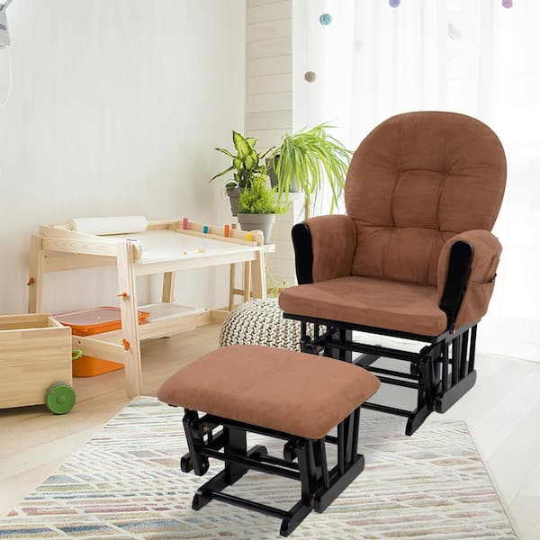 Black Nursery Glider and Ottoman Set with Chocolate Cushion, Rocking Chair for Breastfeeding and Maternity Comfort